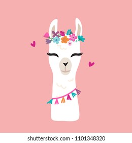 Cute cartoon llama alpaca vector graphic design. Hand drawn llama character head illustration with flower wreath for nursery design, poster, greeting, birthday card, baby shower design