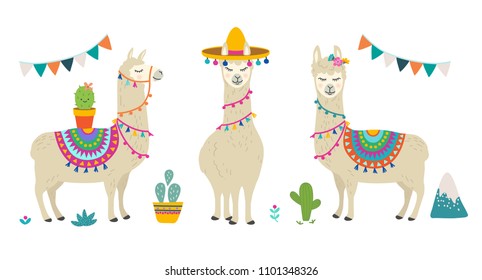 Cute cartoon llama alpaca vector graphic design set. Hand drawn llama character illustration and cactus elements for nursery design, poster, greeting, birthday card, baby shower design and party decor