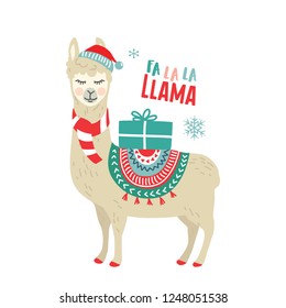 Cute cartoon llama alpaca vector graphic design for Christmas holiday. Hand drawn llama character illustration and Christmas elements for poster or greeting