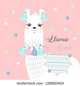 Cute cartoon llama alpaca vector graphic design Pink The Llama Loves