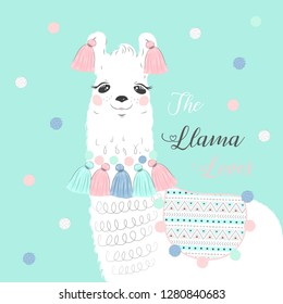 Cute cartoon llama alpaca vector graphic design Pink  The Cute Llama Loves Water Green