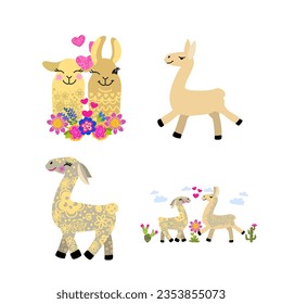 Cute cartoon llama alpaca vector graphic design set. Hand drawn llama character illustration