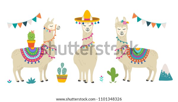 Cute cartoon llama alpaca vector graphic design
set. Hand drawn llama character illustration and cactus elements
for nursery design, poster, greeting, birthday card, baby shower
design and party decor