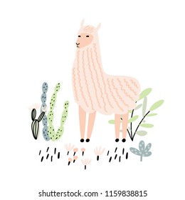 Cute cartoon llama. Baby print for nursery, kids apparel, poster, postcard. Vector Illustration.
