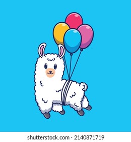 Cute cartoon llama with balloons in vector illustration. isolated animal vector. flat cartoon style
