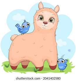 Cute cartoon llama with blue birds. Vector illustration of an animal in nature.