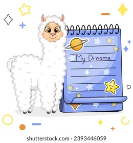 A cute cartoon llama and a blue notebook with stickers. Vector illustration of animal on a white background with stars, circles.