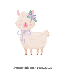 Cute cartoon llama with a bow at the neck stands. Vector illustration on white background.