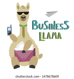 Cute cartoon llama. Business llama. Great design element for cards, flyers, posters or t-shirts. Hand drawn vector illustration.