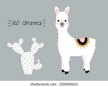 Cute Cartoon Lama und Kaktus. Babyplakate. Mauerkunst-Kindergarten. Das schöne Design für Textilien, Postkarten, Babydusche. Fröhlicher Lama. Kinder drucken Tiere. Boho Stil.