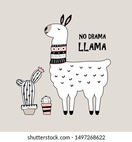 Cute cartoon llama with cactus. Childish print for nursery, kids apparel,poster, postcard. Vector Illustration