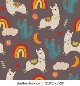 cute cartoon llama, cactus and rainbow! trendy print seamless pattern