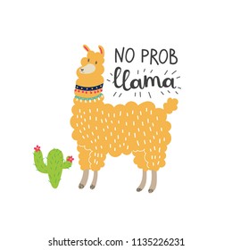 Cute cartoon llama with cactus. Vector illustration.