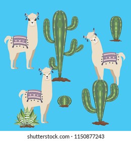 Cute cartoon Llama with cactuses design background.