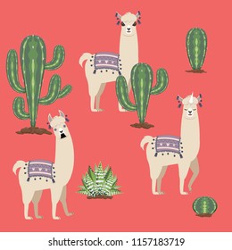 Cute cartoon Llama with cactuses design background.