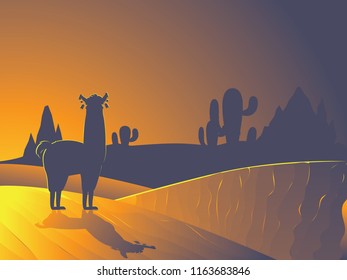 Cute cartoon Llama with cactuses design background.