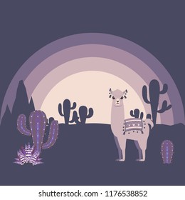 Cute cartoon Llama with cactuses design background.