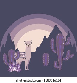 Cute cartoon Llama with cactuses design background.