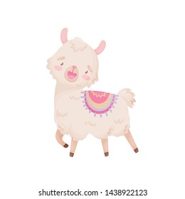 Cute cartoon llama with a cape on his back. Vector illustration on white background.