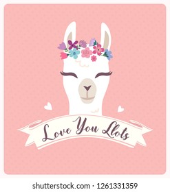 Cute cartoon llama character illustration for valentine's day.  Love you llots motivational and inspirational quote with llama head for card and shirt design