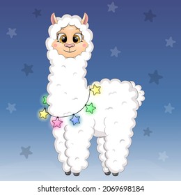Cute cartoon llama with colorful garlands. Night animal vector illustration on blue background with stars.