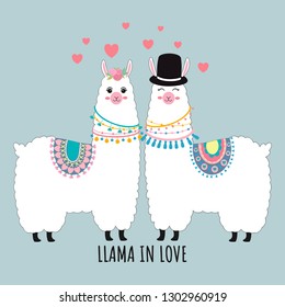 Cute cartoon llama couple in love,decorated with heart.Valentine's day concept..It can be used for t-shirt, poster, card, print, mug, phone case,kidstuff ect.