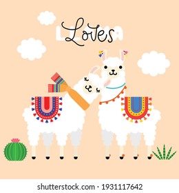 Cute cartoon llama couple in love,decorated with heart.Valentine's day concept..It can be used for t-shirt, poster, card, print, mug, phone case,kidstuff ect.