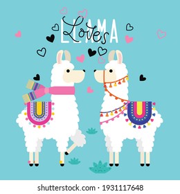 Cute cartoon llama couple in love,decorated with heart.Valentine's day concept..It can be used for t-shirt, poster, card, print, mug, phone case,kidstuff ect.