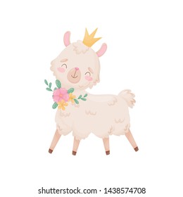 Cute cartoon llama with a crown on her head. Vector illustration on white background.