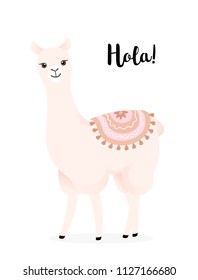 Cute cartoon llama with decoration. Hola lama