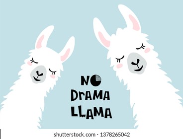 Cute cartoon llama design with No drama llama motivational quote. Vector illustration