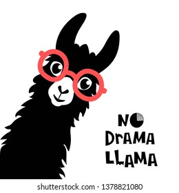 Cute cartoon llama design with No drama llama motivational quote. Vector illustration