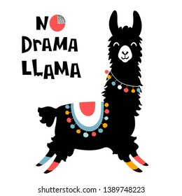 Cute cartoon llama design with No drama llama motivational quote. Vector illustration