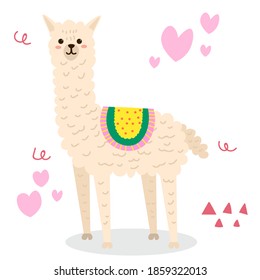 Cute cartoon Llama in flat style isolated on white background. Animal card. Vector illustration.