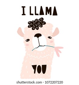 Llama cómica con flores. Papel alpaka infantil para guardería, ropa infantil, afiche, postal. Ilustración vectorial