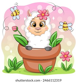 Cute cartoon llama in a flower pot with bees and flowers. Vector illustration of animal in nature.