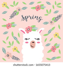 Cute cartoon llama with flowers. Spring. Childish print for nursery, kids apparel,poster, postcard. Vector Illustration