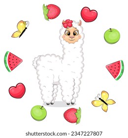 Cute cartoon llama in a fruit frame. Vector illustration of an animal with apples, watermelon, hearts, butterflies, strawberries on a white background.