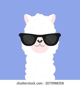 Cute cartoon llama with glasses. Animal portrait. Alpaca vector illustration isolated on background