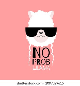 Cute cartoon llama with glasses. Animal portrait. Alpaca vector illustration isolated on pink background