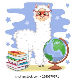 Cute cartoon llama in glasses with books and a globe. Vector illustration of an animal on a blue background with stars.