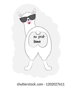 Cute cartoon llama in a glasses looking backwards isolated on white background. Sweet kids graphics for t-shirts. Greeting card.