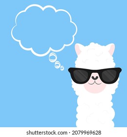 Cute cartoon llama in glasses and speech thought bubble. Animal portrait. Alpaca vector illustration isolated on blue background