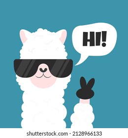 Cute cartoon llama with glasses and speech bubble. Animal portrait. Alpaca vector illustration isolated on background