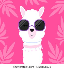 Cute cartoon llama with glasses. Vector illustration isolated on a lush tropical background.