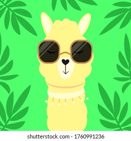 Cute cartoon llama with glasses. Vector illustration isolated on a lush tropical background.
