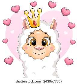 Cute cartoon llama head with a crown. Vector illustration of animal on pink background with hearts.