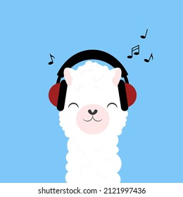 Cute cartoon llama with headphones. Animal portrait. Alpaca vector illustration isolated on background