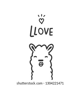 Cute cartoon llama with heart and unique text “Love”.Valentine’s greeting. Vector Illustration.
