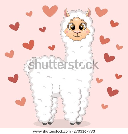 Cute cartoon Llama with hearts. Vector illustration of animal on pink background with red hearts.